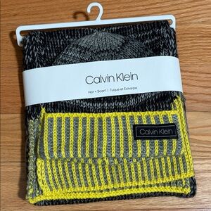 Calvin Klein Black and Yellow Knit Hat and Scarf Set
